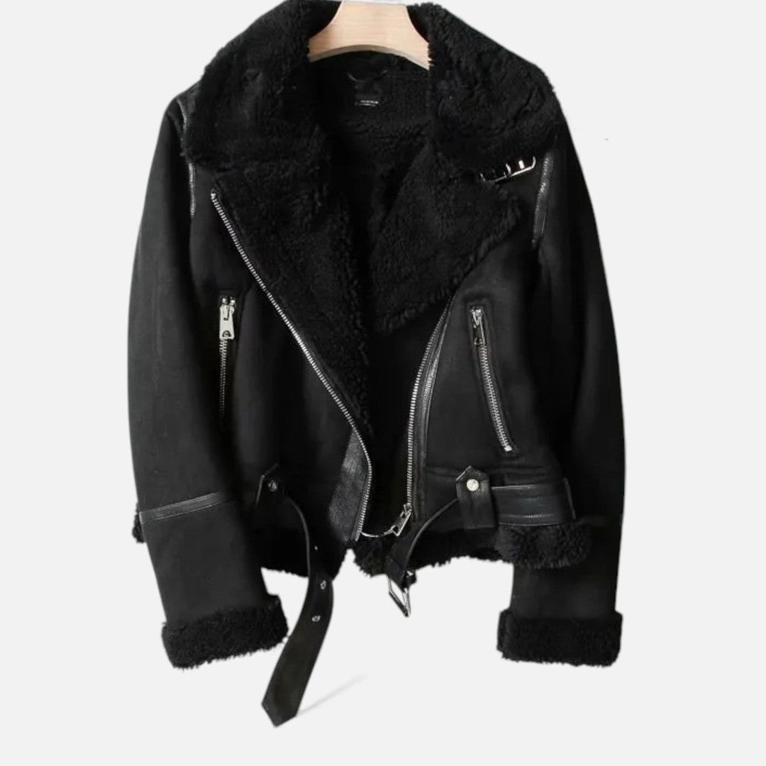 Woman wearing the Elspeth women's suede jacket, detail view