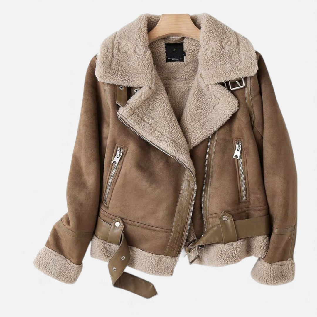 Woman wearing the Elspeth women's suede jacket, front view