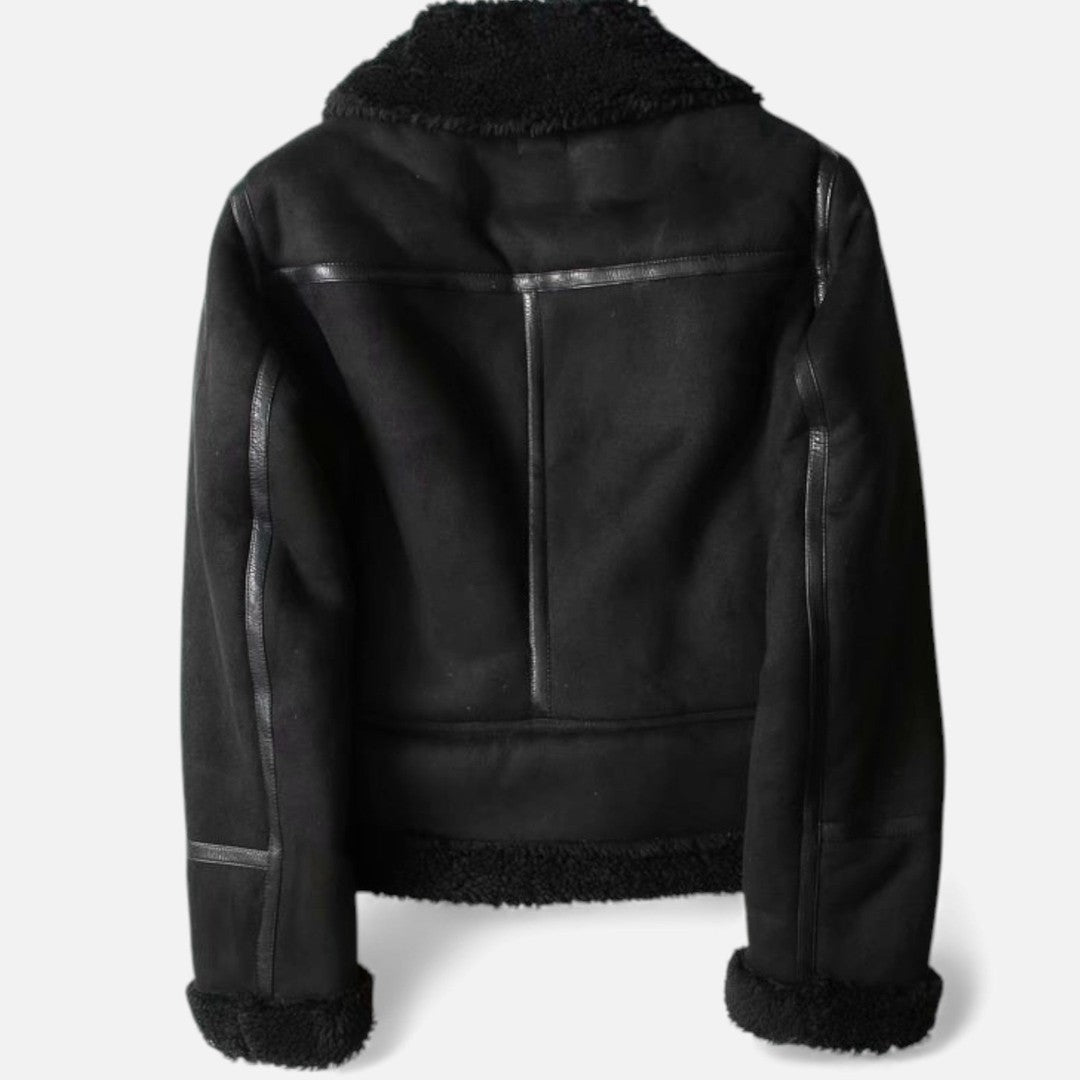 Woman wearing the Elspeth women's suede jacket, model view