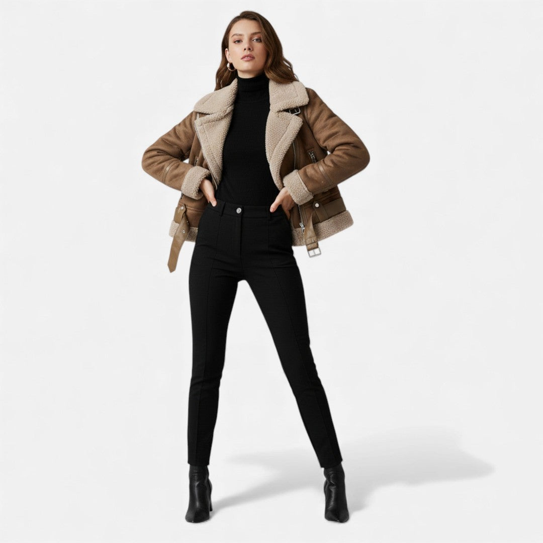 Woman wearing the Elspeth women's suede jacket, side view