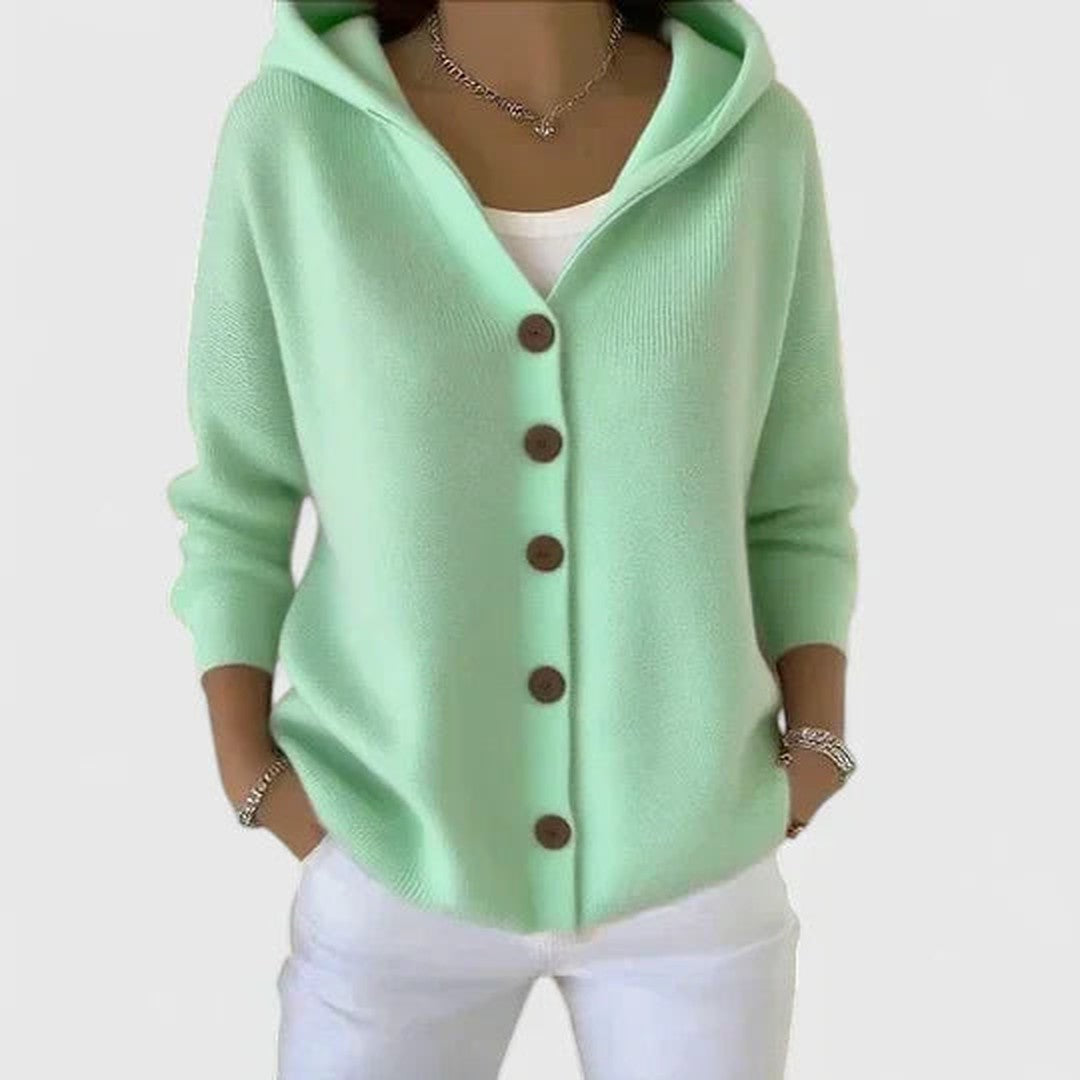 Woman wearing the Emery women's elegant cardigan, front view