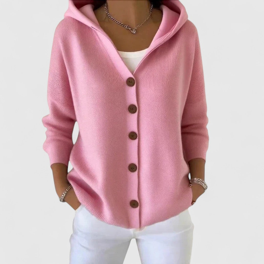 Woman wearing the Emery women's elegant cardigan, side view