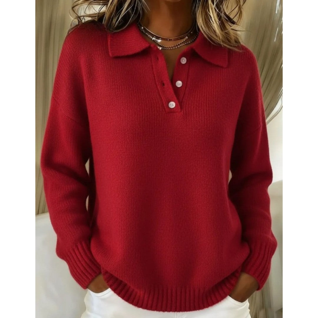 Woman wearing the Emilia women's sweater, side view