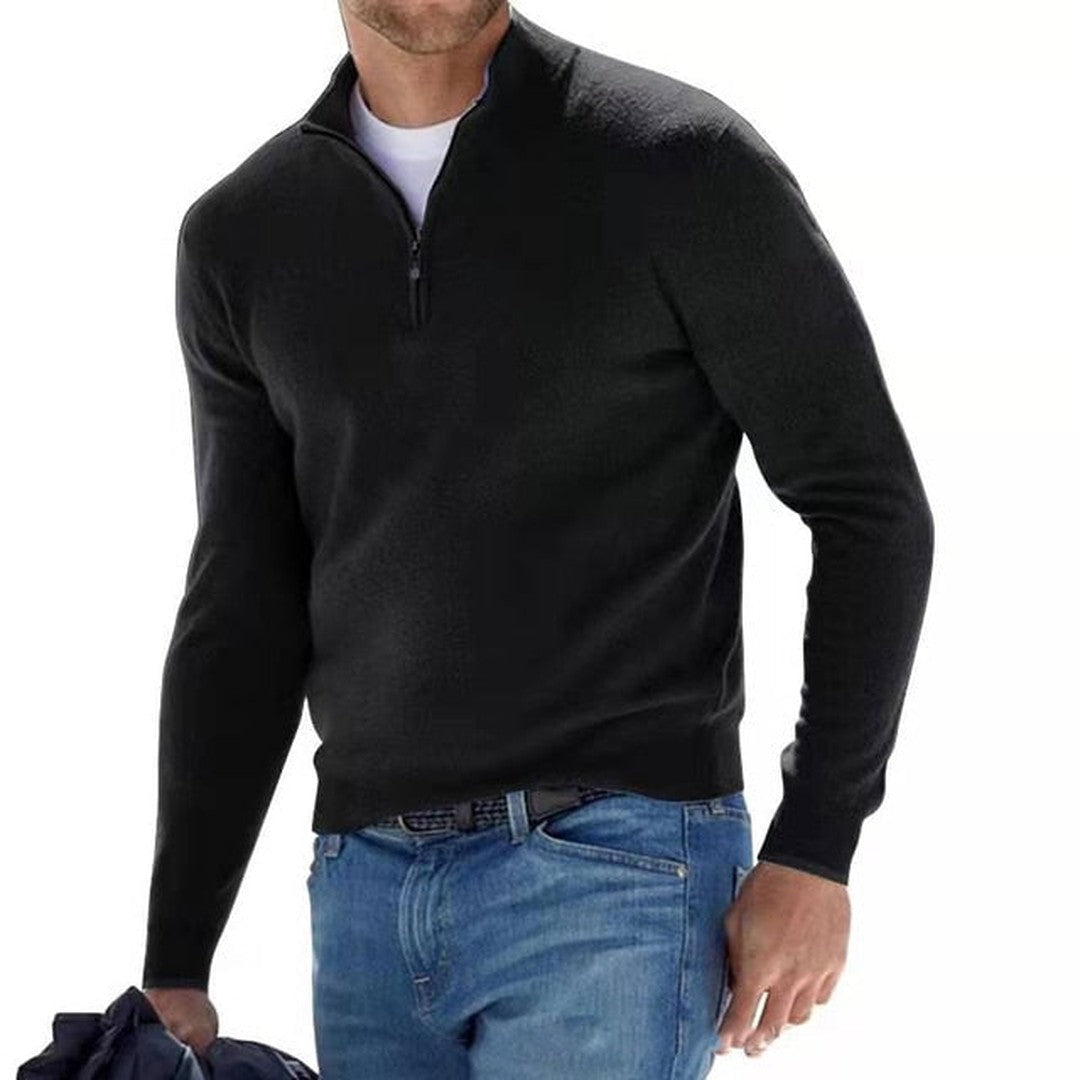 Man wearing the Emiliano men's v-neck merino wool zip-up sweater, 10 view