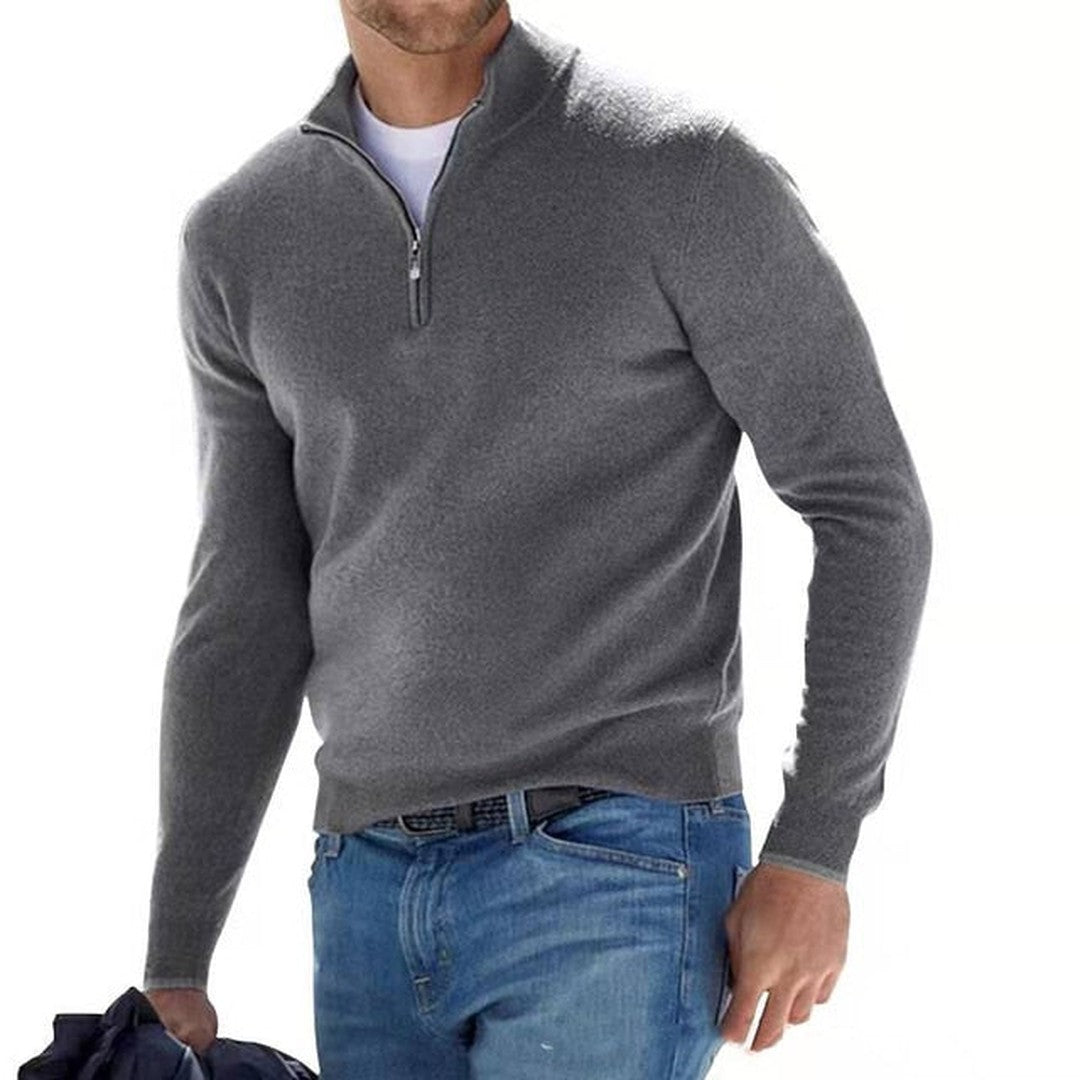 Man wearing the Emiliano men's v-neck merino wool zip-up sweater, 12 view