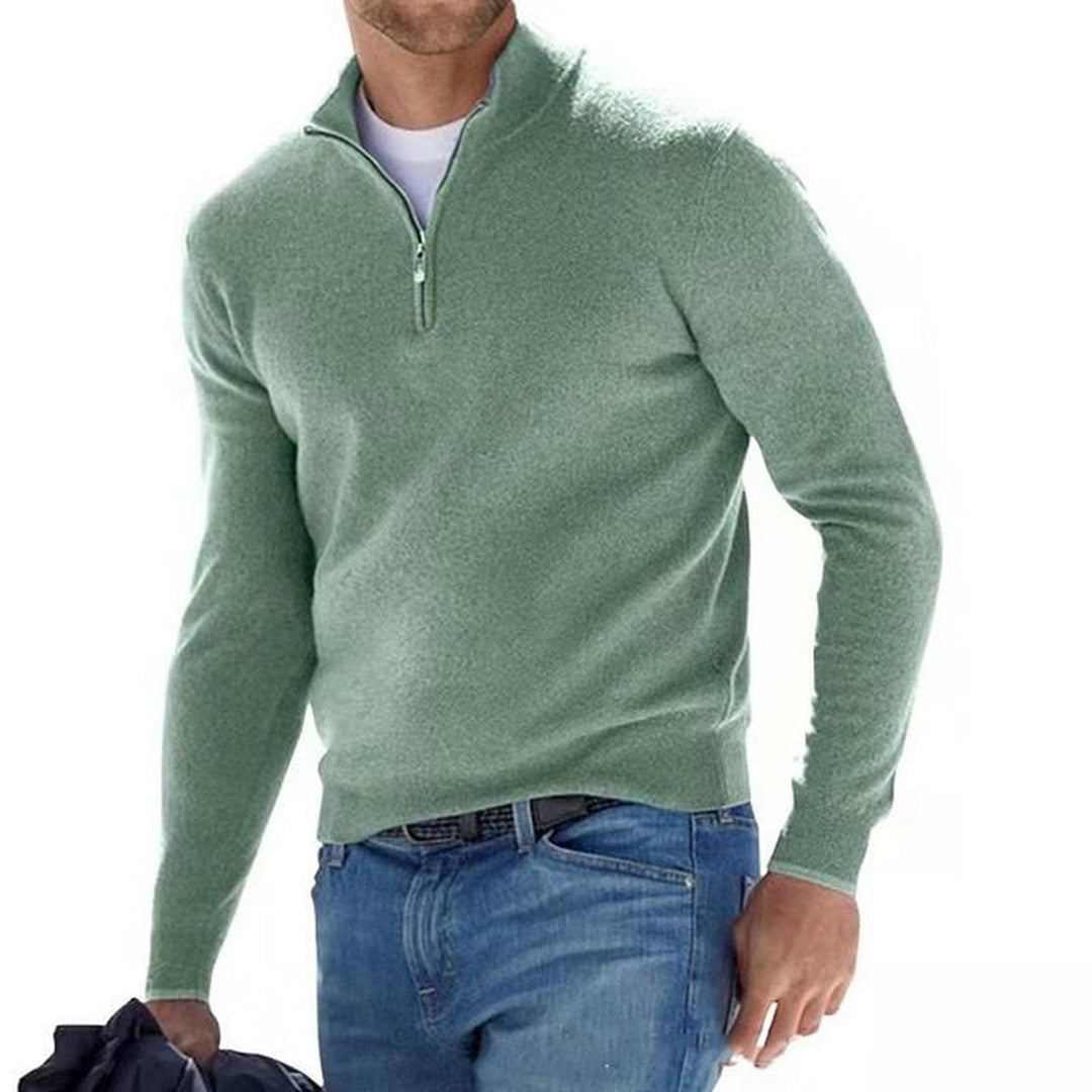 Man wearing the Emiliano men's v-neck merino wool zip-up sweater, 13 view