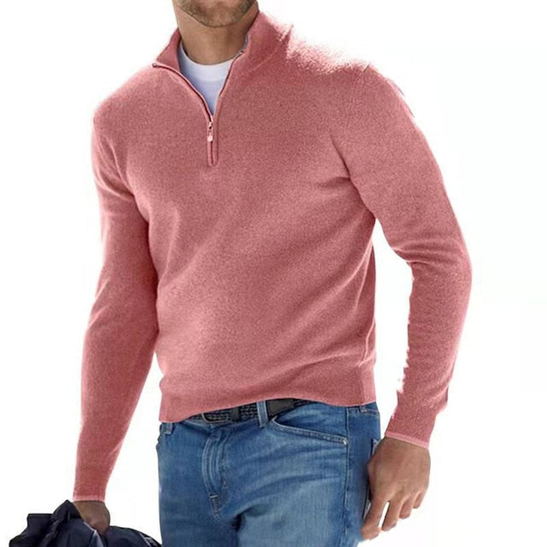 Man wearing the Emiliano men's v-neck merino wool zip-up sweater, 14 view