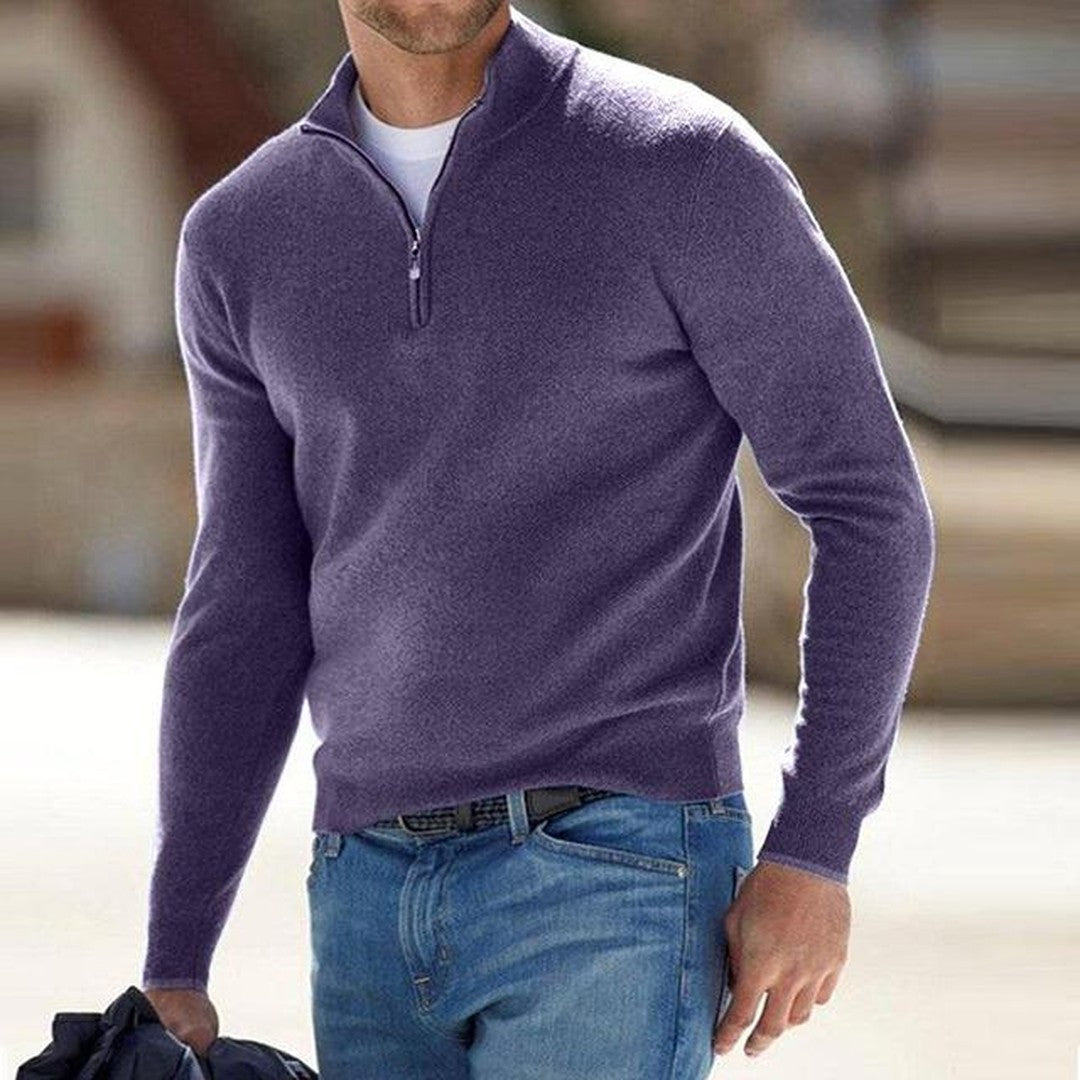 Man wearing the Emiliano men's v-neck merino wool zip-up sweater, 16 view
