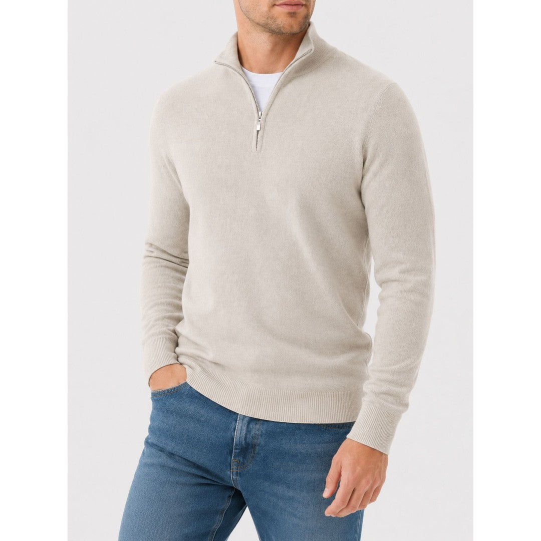 Man wearing the Emiliano men's v-neck merino wool zip-up sweater, back view