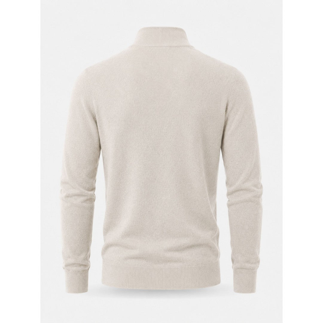 Man wearing the Emiliano men's v-neck merino wool zip-up sweater, flatlay view