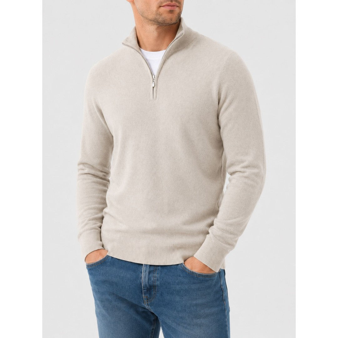 Man wearing the Emiliano men's v-neck merino wool zip-up sweater, front view