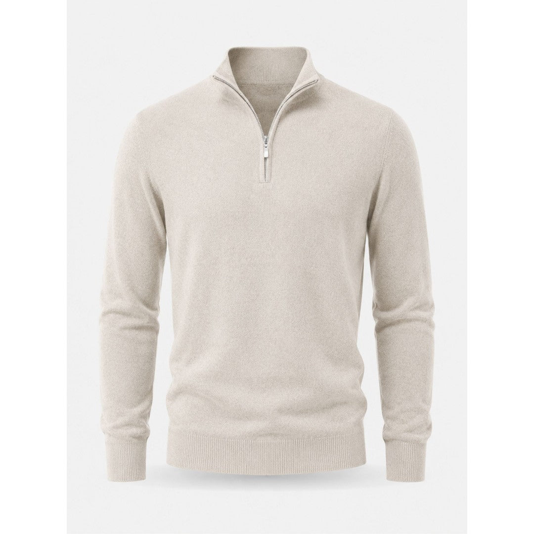 Man wearing the Emiliano men's v-neck merino wool zip-up sweater, model view