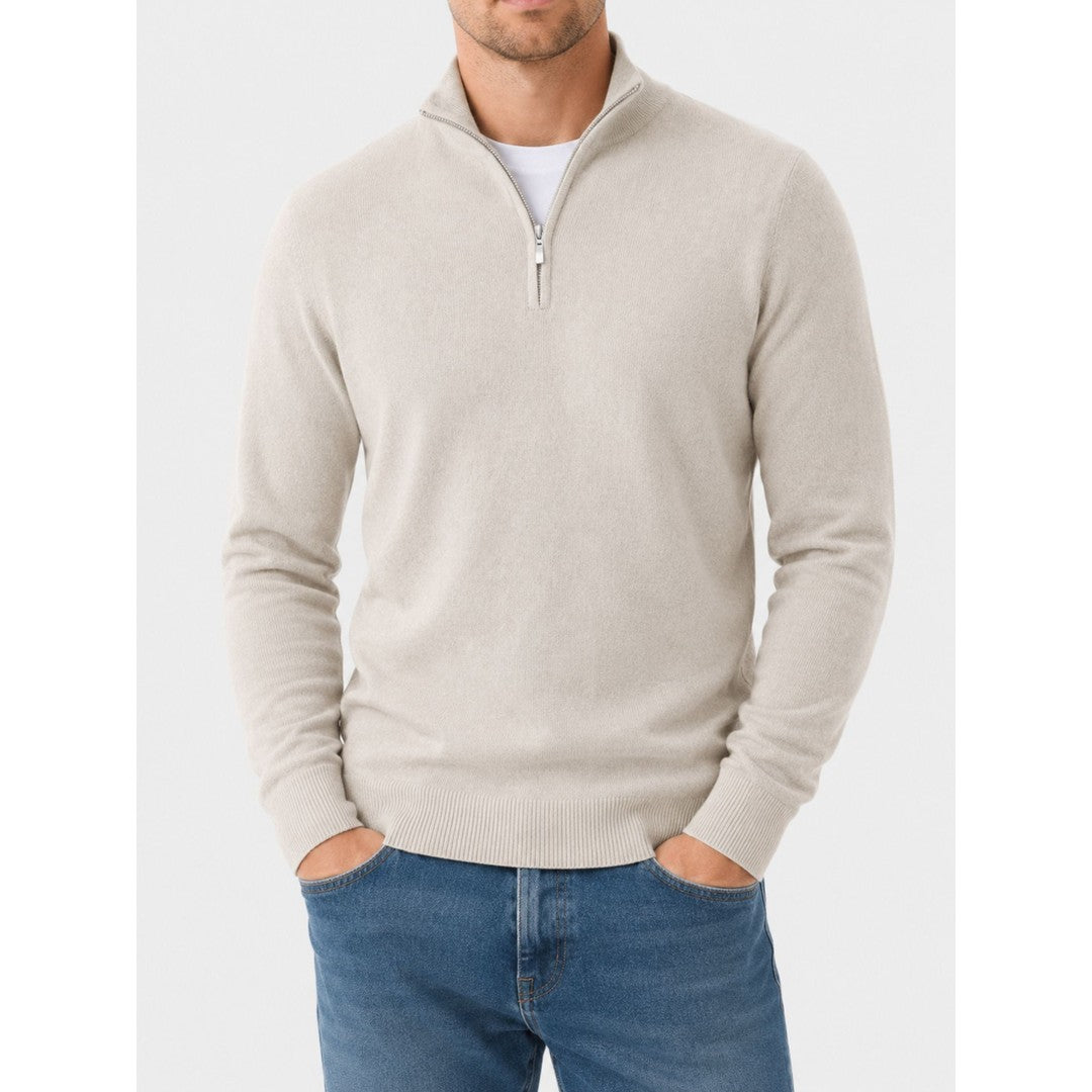 Man wearing the Emiliano men's v-neck merino wool zip-up sweater, side view