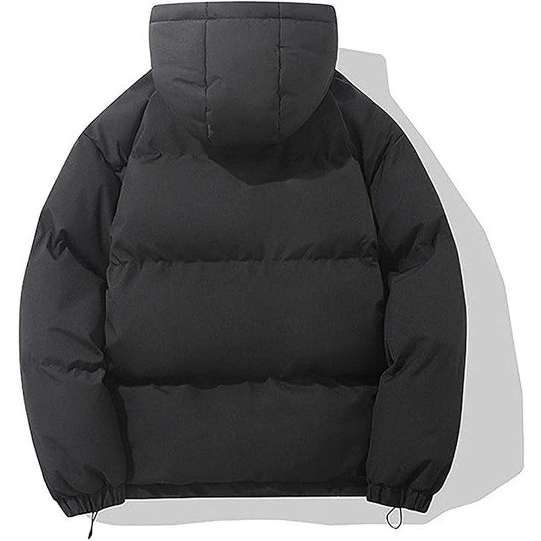 Man wearing the Emrys men's hooded jacket, back view