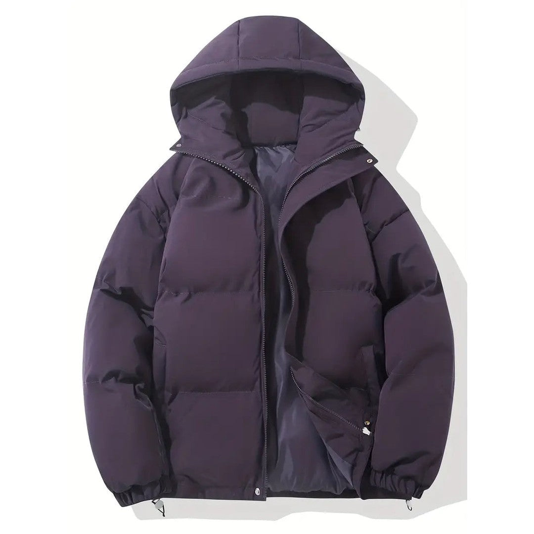 Man wearing the Emrys men's hooded jacket, side view