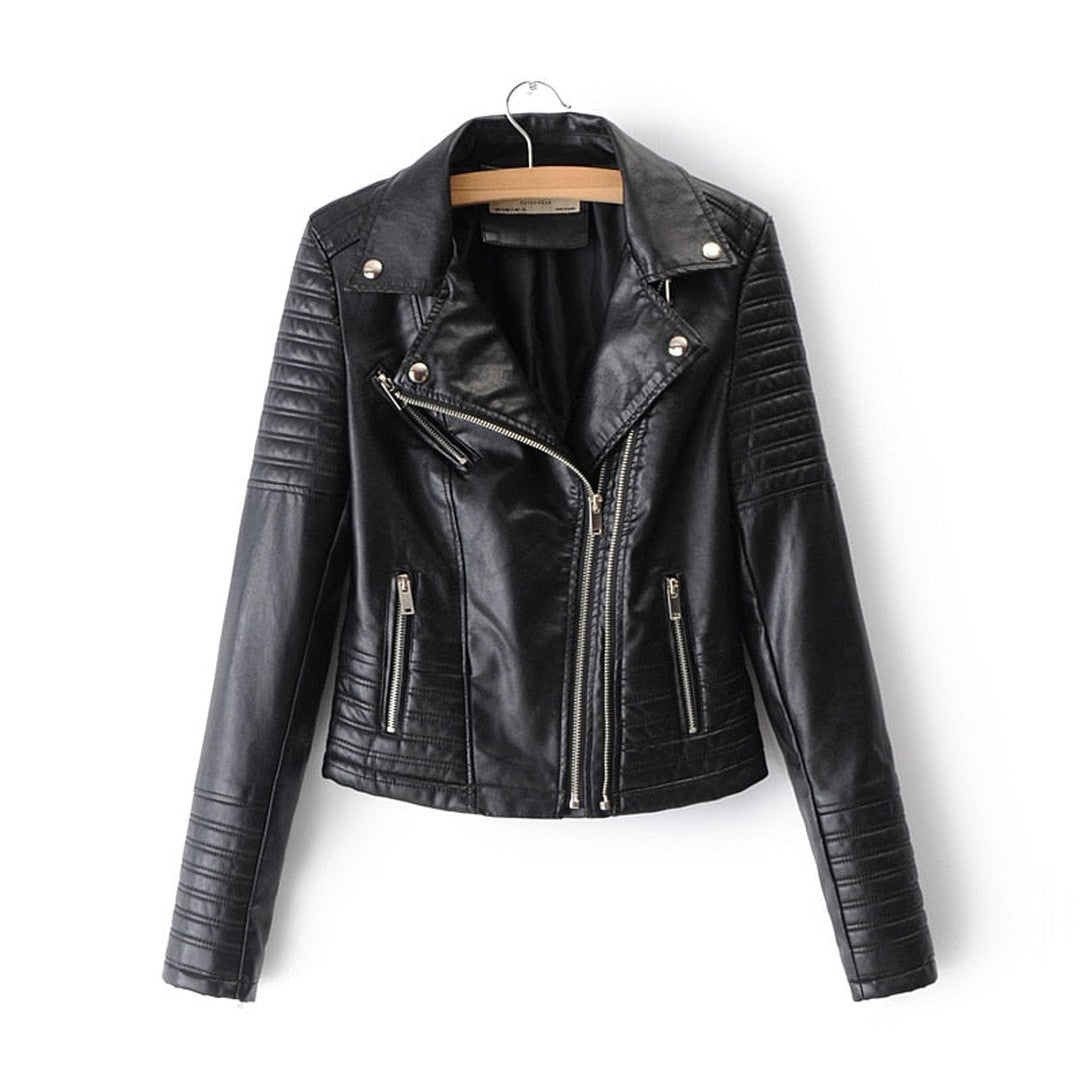 Woman wearing the Enya women's leather jacket, front view