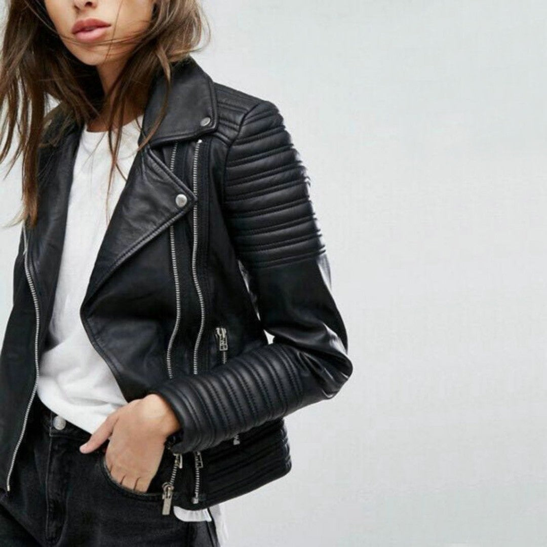 Woman wearing the Enya women's leather jacket, side view