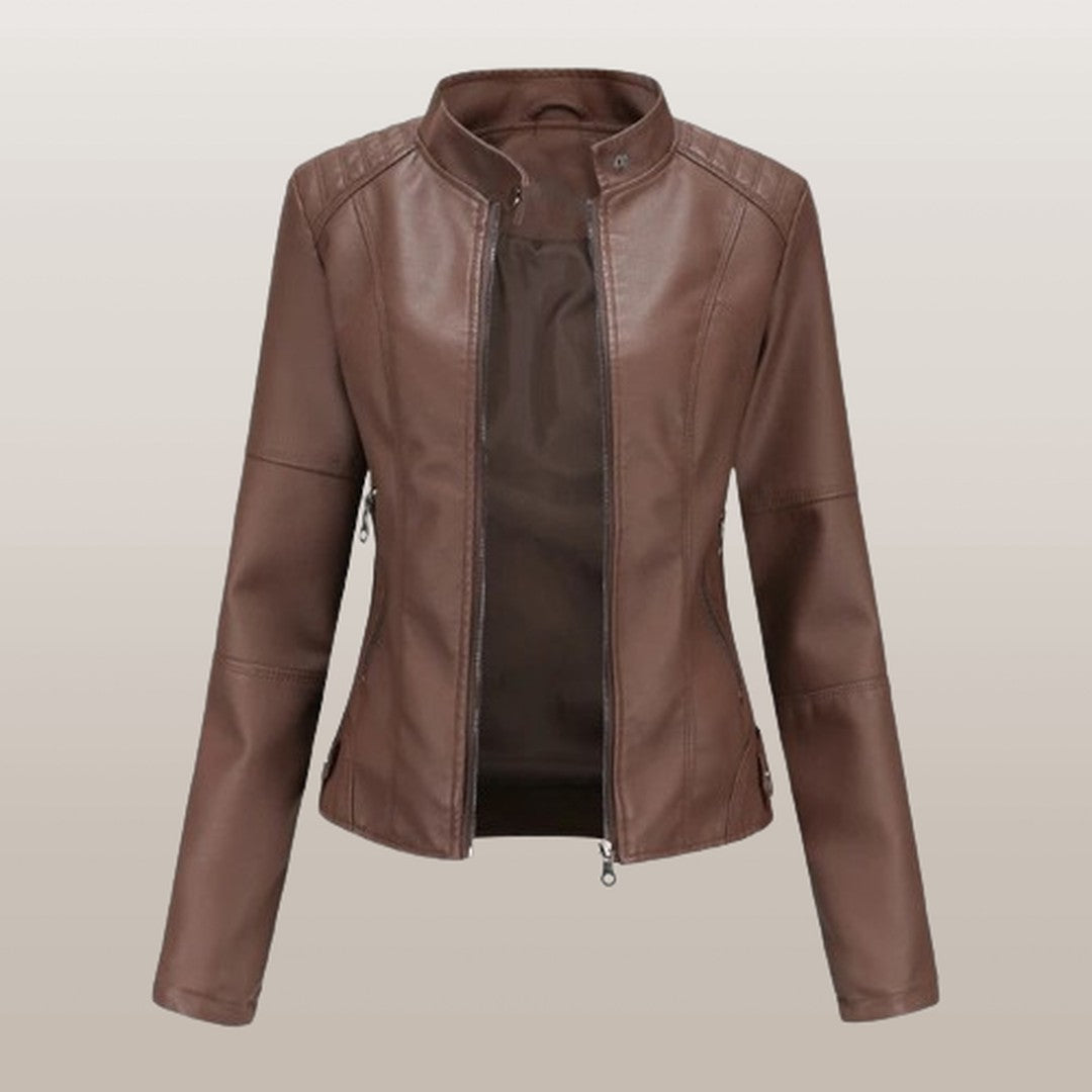 Woman wearing the Esme women's leather elegant jacket, back view