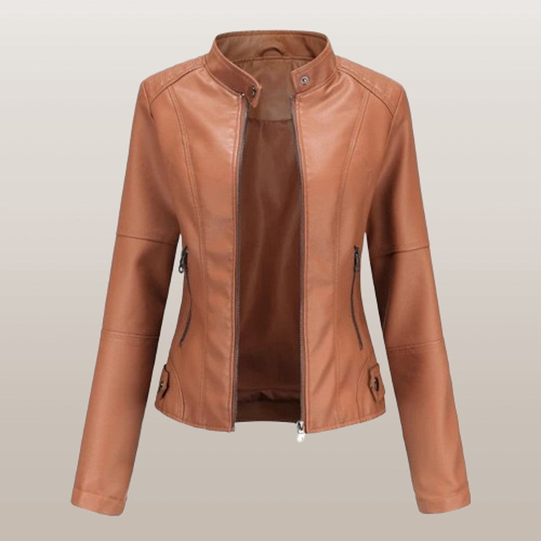 Woman wearing the Esme women's leather elegant jacket, detail view