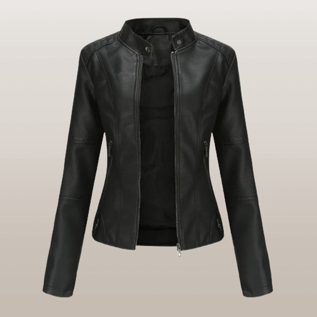 Woman wearing the Esme women's leather elegant jacket, front view