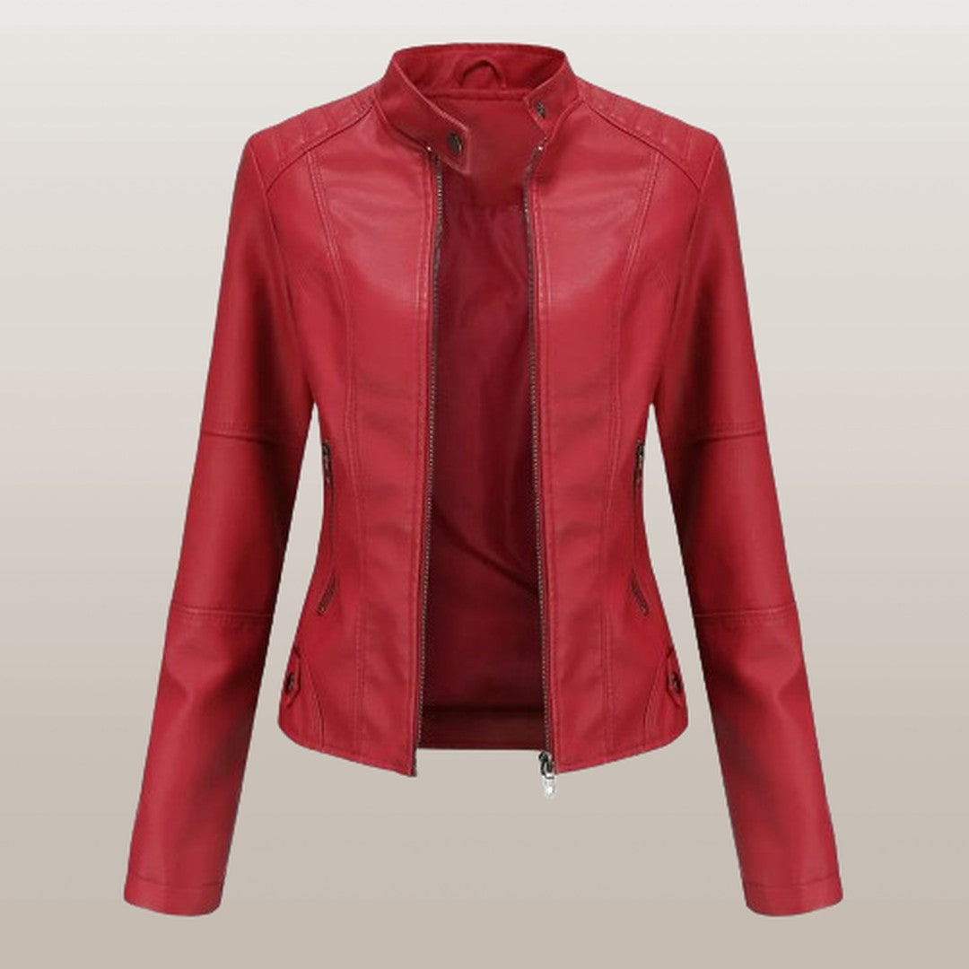 Woman wearing the Esme women's leather elegant jacket, model view