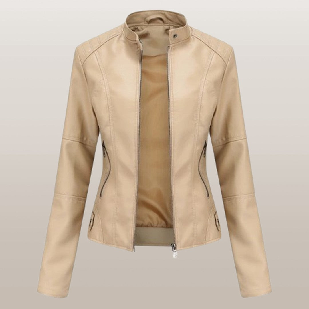 Woman wearing the Esme women's leather elegant jacket, side view