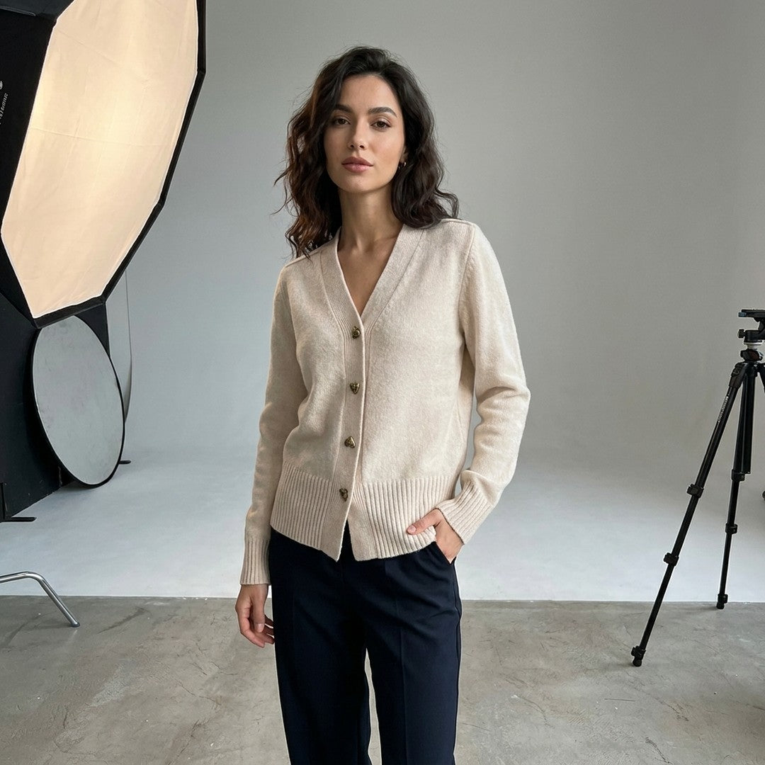 Woman wearing the Esther women's regular-fit v-neck long-sleeve sweater, 11 view