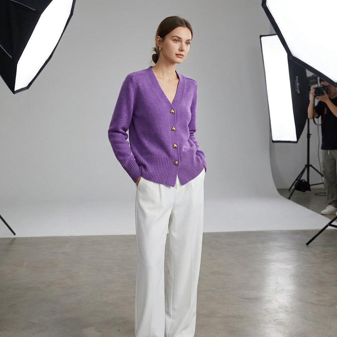 Woman wearing the Esther women's regular-fit v-neck long-sleeve sweater, 13 view