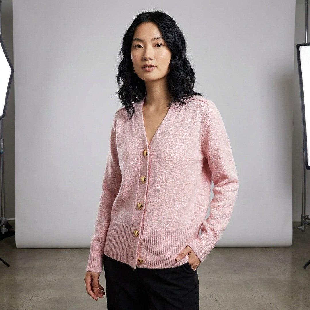Woman wearing the Esther women's regular-fit v-neck long-sleeve sweater, detail view