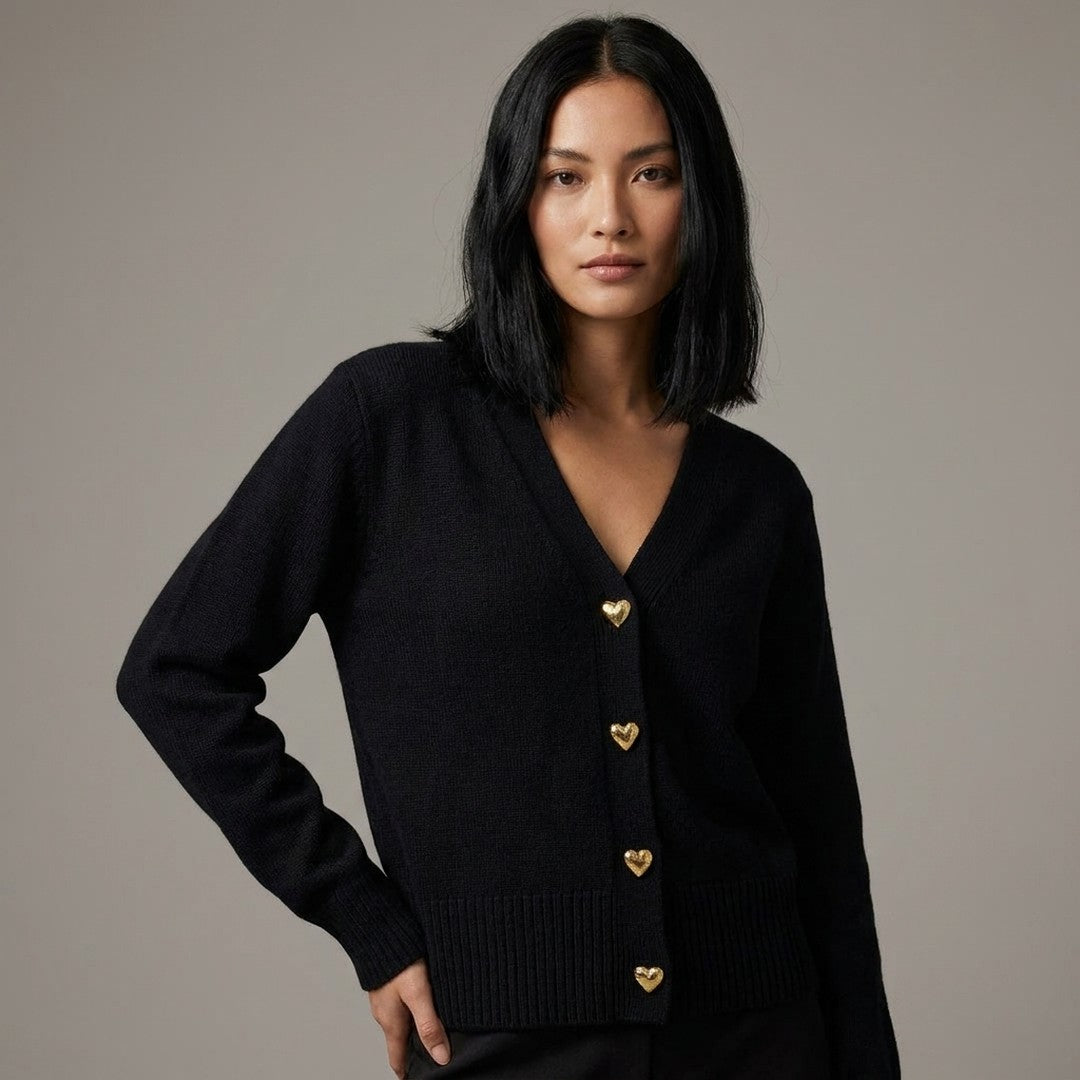 Woman wearing the Esther women's regular-fit v-neck long-sleeve sweater, side view