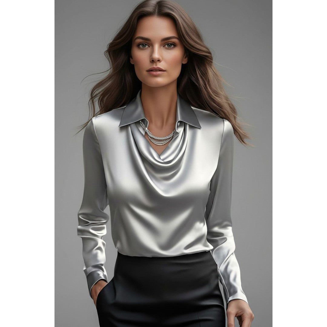 Woman wearing the Evadne women's satin blouse, 10 view