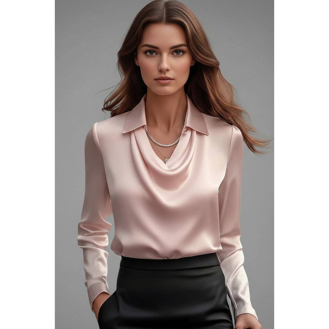 Woman wearing the Evadne women's satin blouse, 11 view