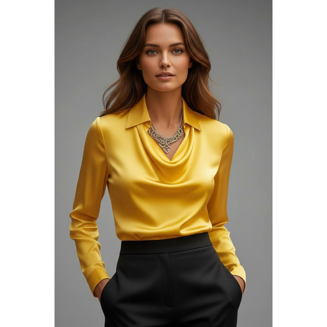 Woman wearing the Evadne women's satin blouse, 12 view