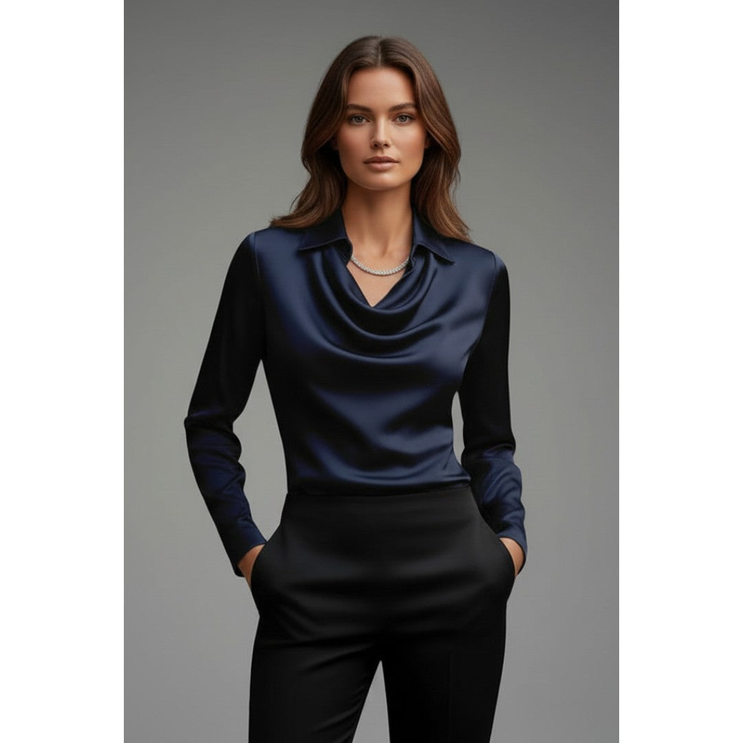 Woman wearing the Evadne women's satin blouse, 7 view