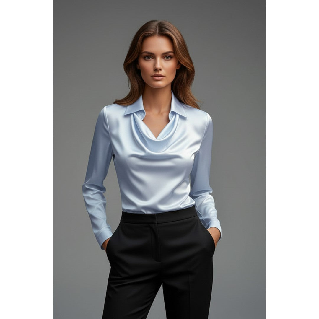 Woman wearing the Evadne women's satin blouse, 8 view