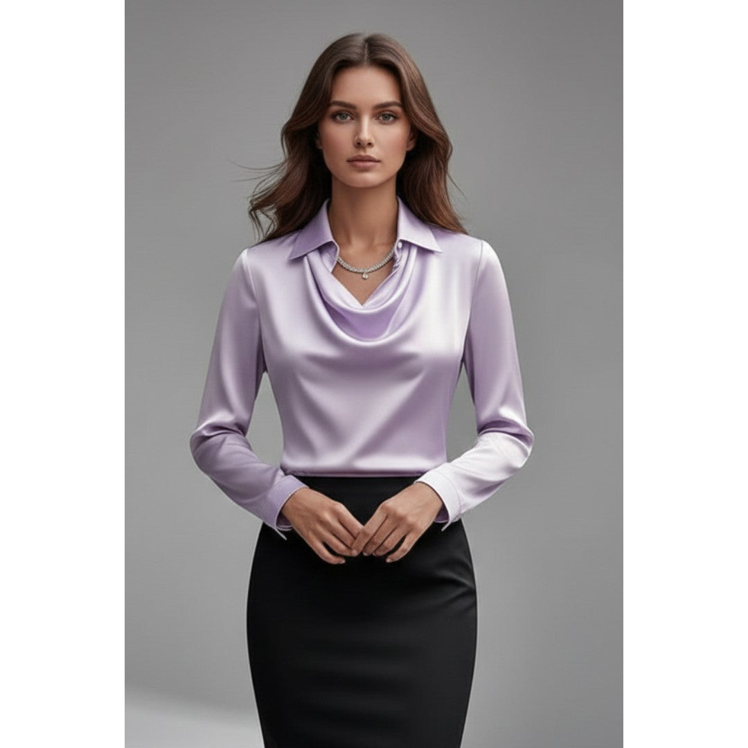Woman wearing the Evadne women's satin blouse, 9 view