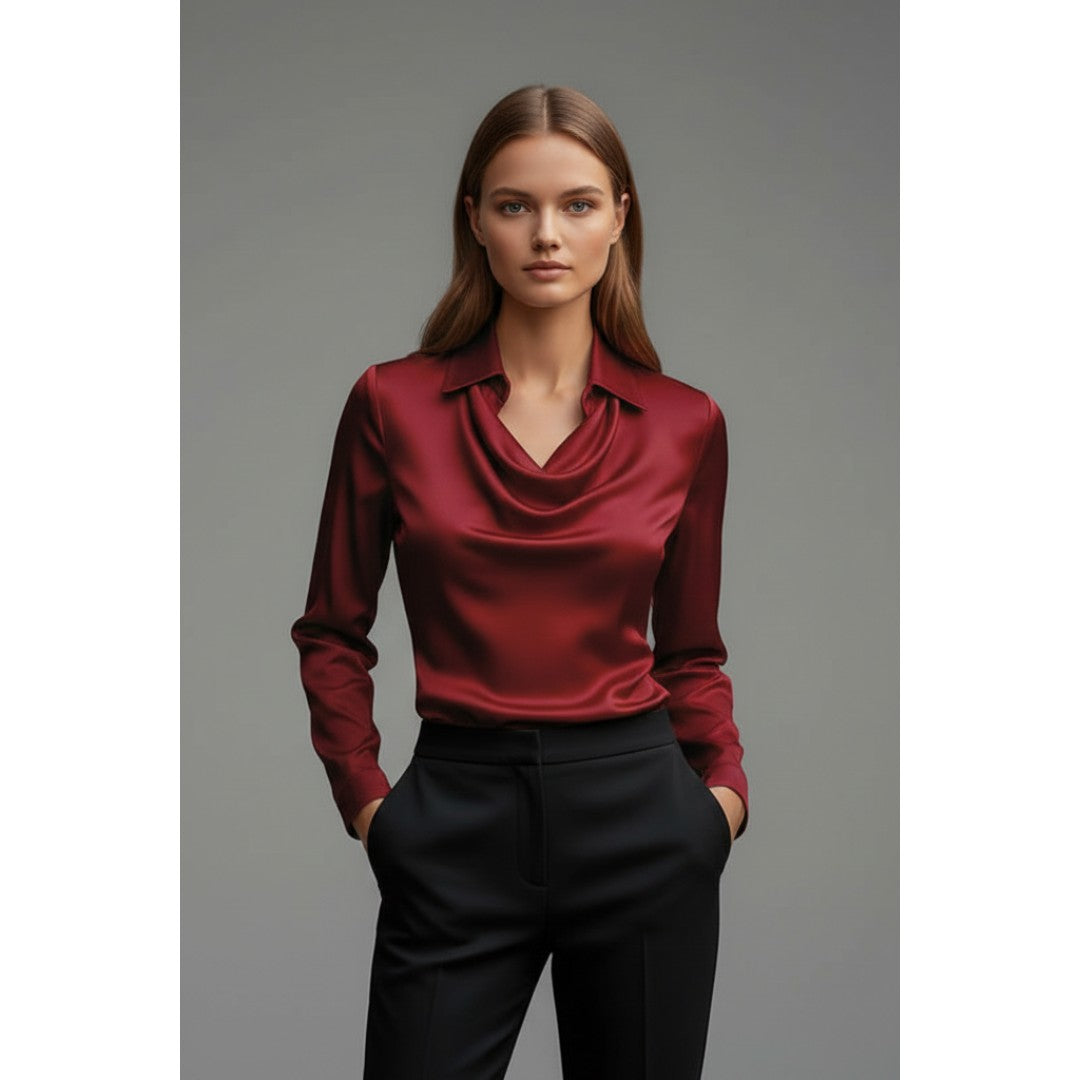 Woman wearing the Evadne women's satin blouse, detail view