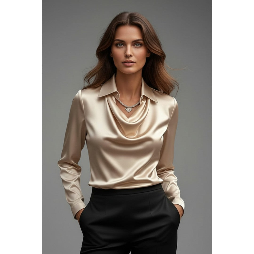 Woman wearing the Evadne women's satin blouse, flatlay view