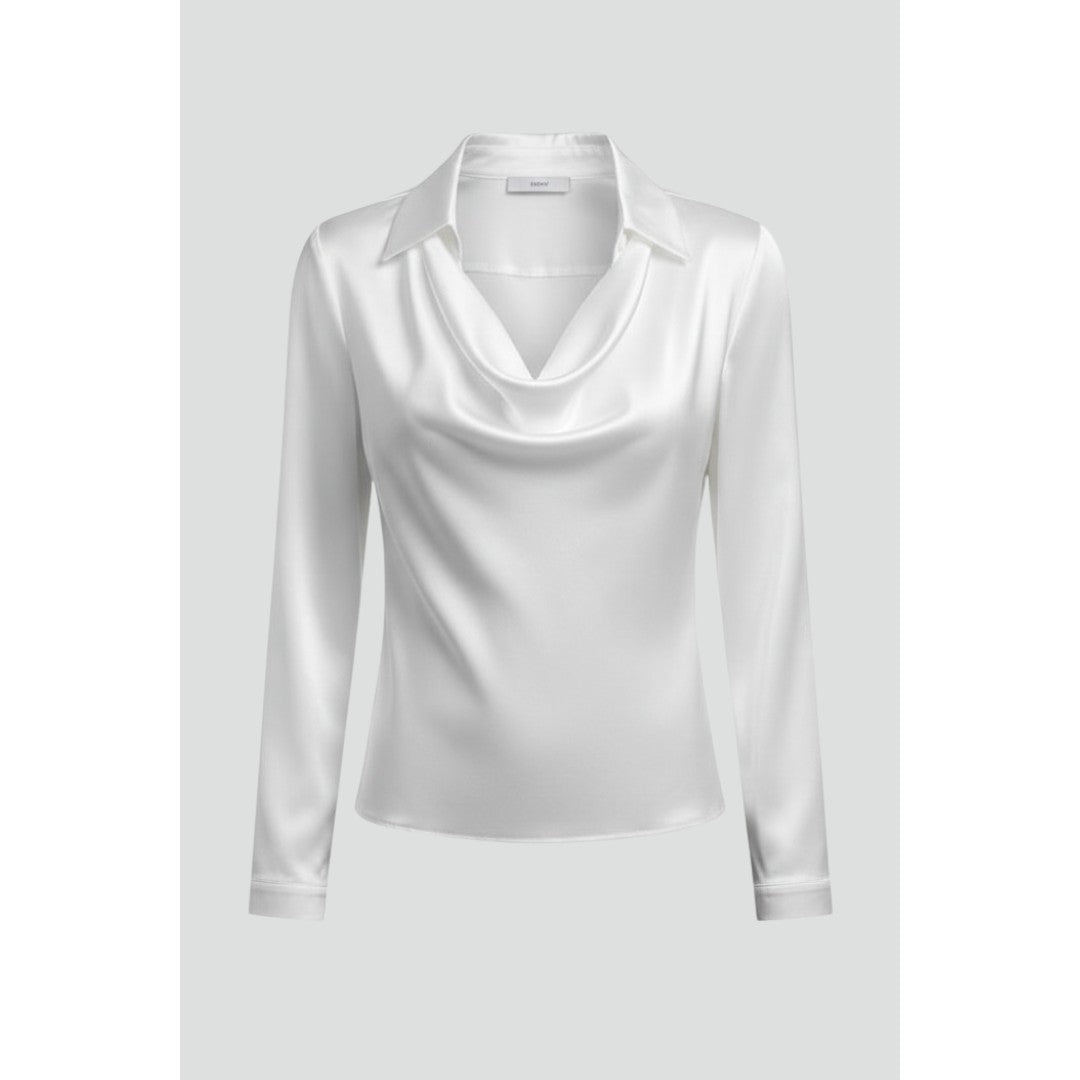 Woman wearing the Evadne women's satin blouse, front view