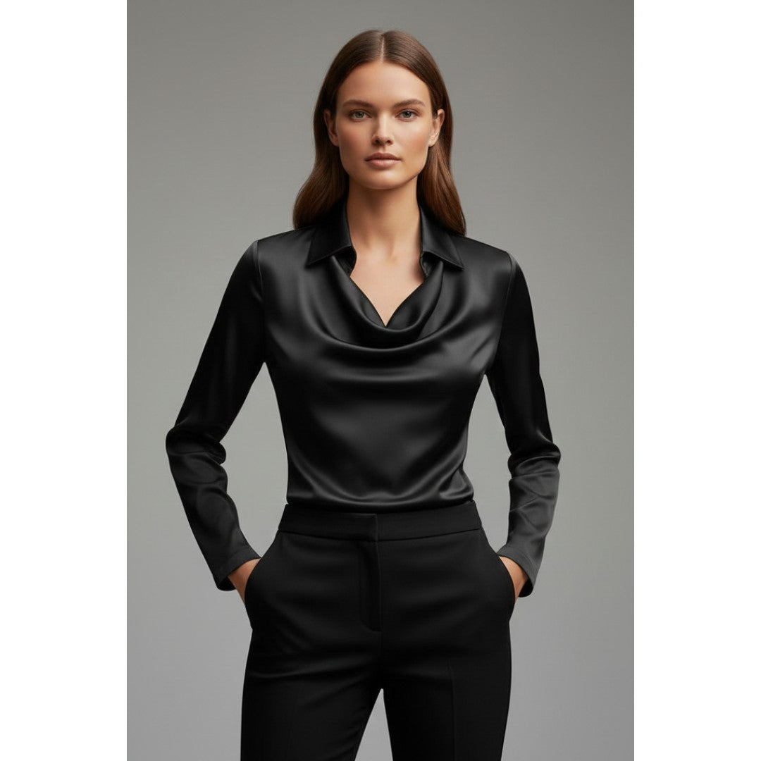 Woman wearing the Evadne women's satin blouse, model view