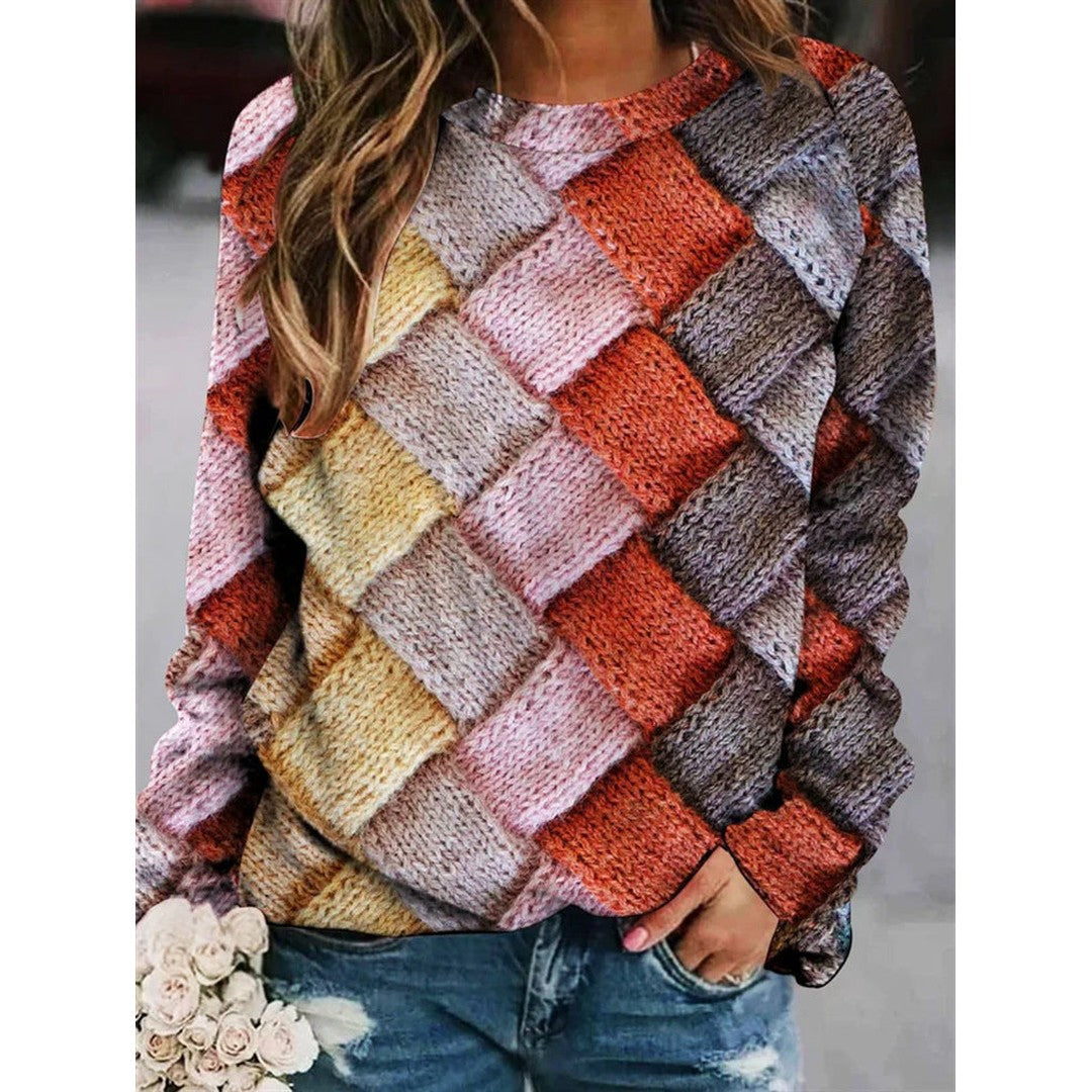 Woman wearing the Evangeline women's wool sweater, front view