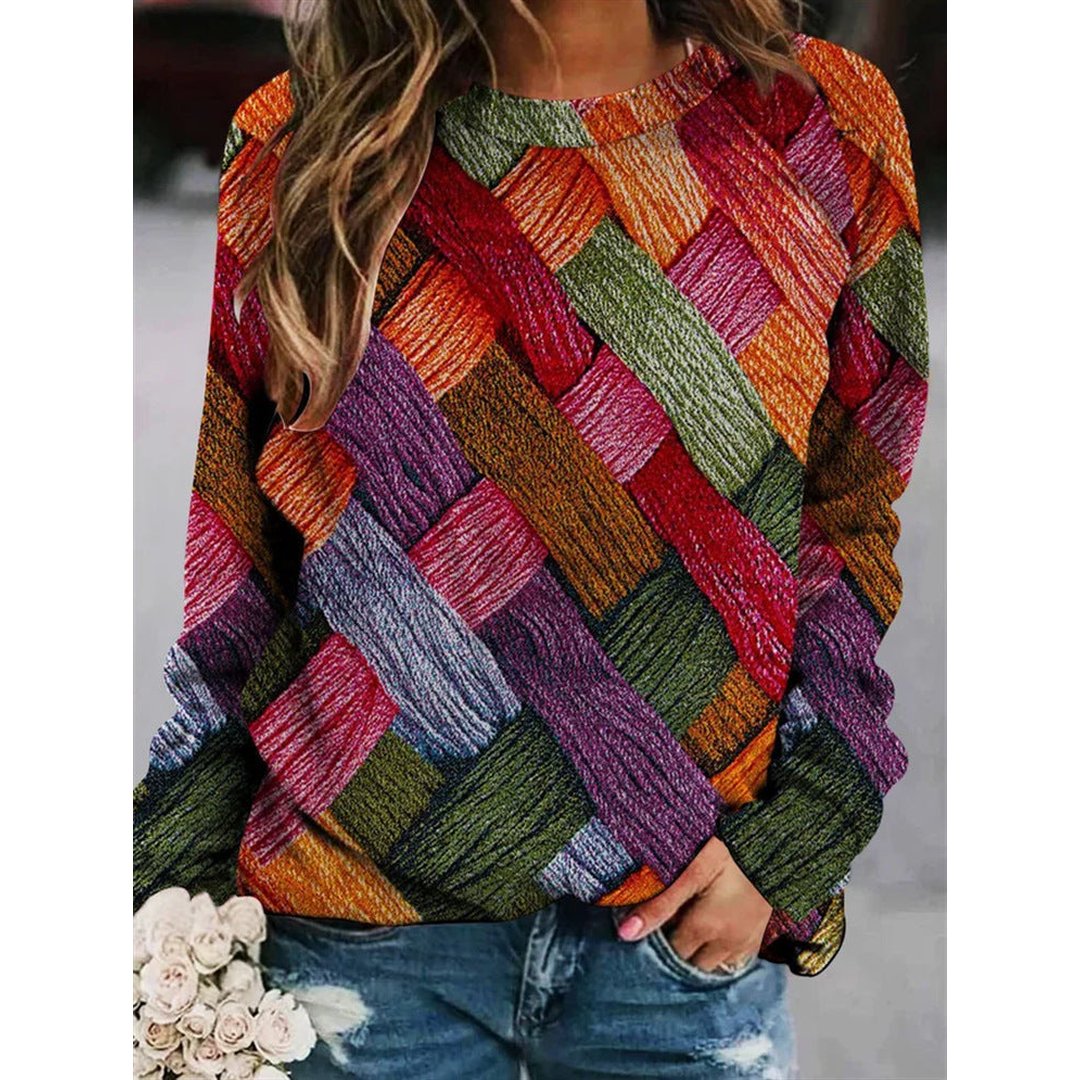 Woman wearing the Evangeline women's wool sweater, model view