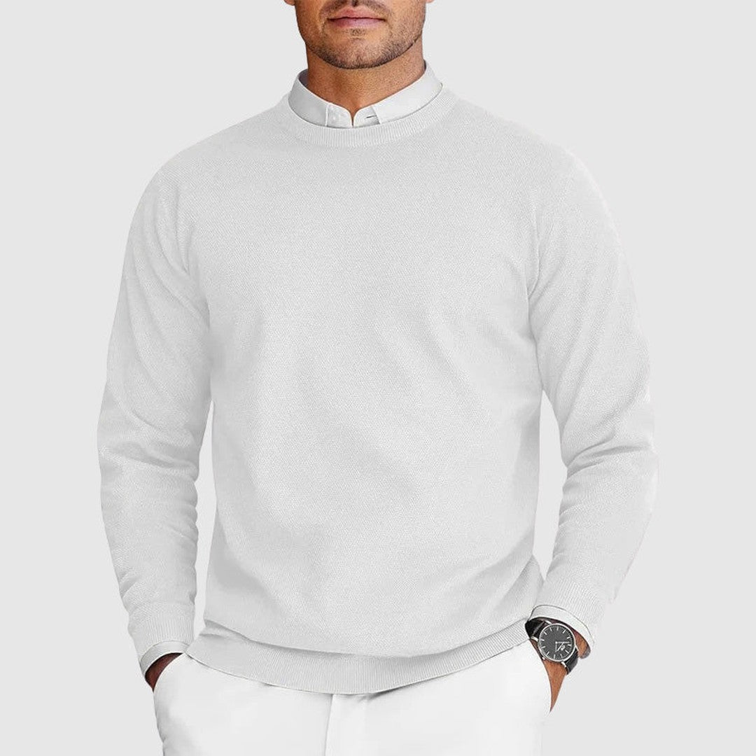 Man wearing the Ezra men's crewneck sweater, back view