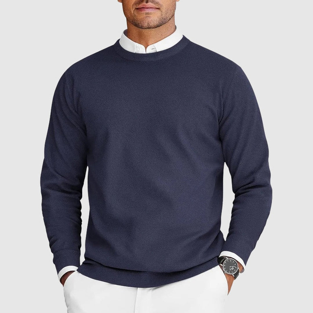 Man wearing the Ezra men's crewneck sweater, model view