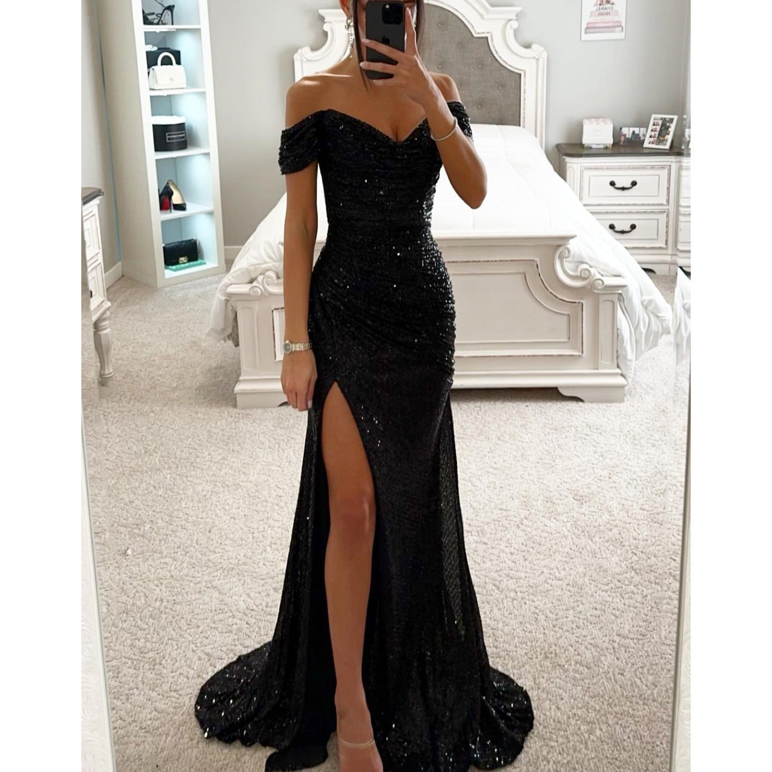 Isla | Women's Off-Shoulder Sequin High Slit Maxi Dress