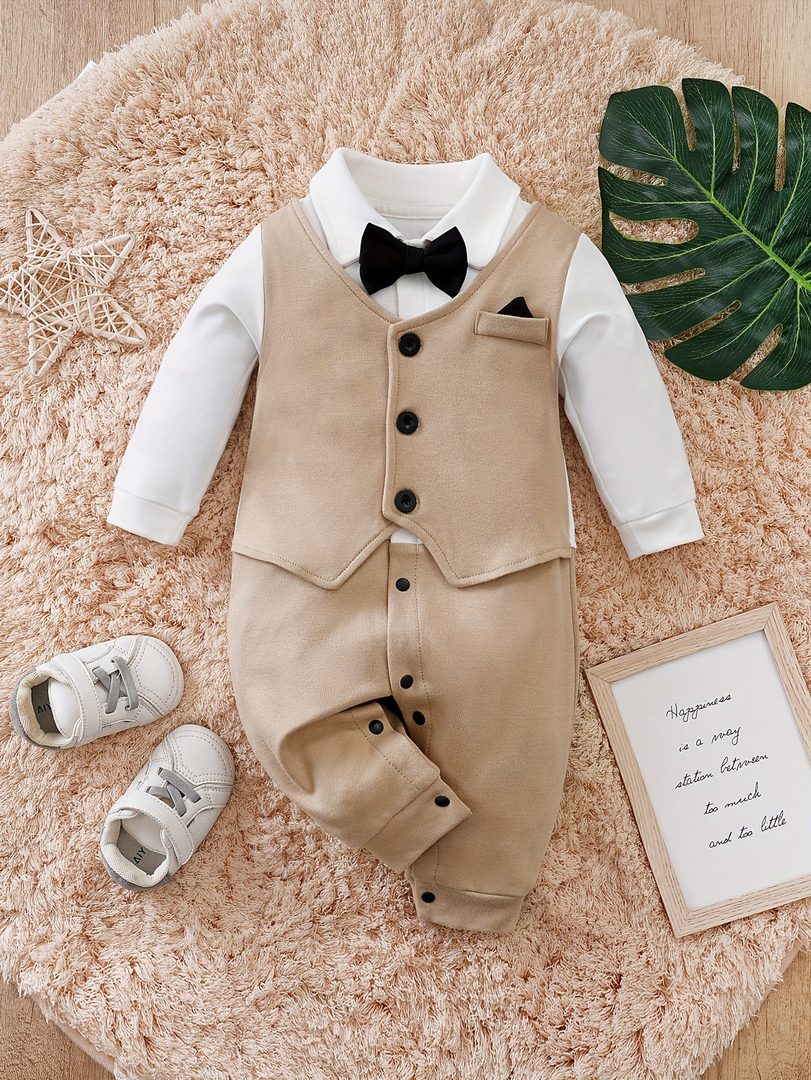 Baby romper printed as a vest with a bow tie - product photo 1