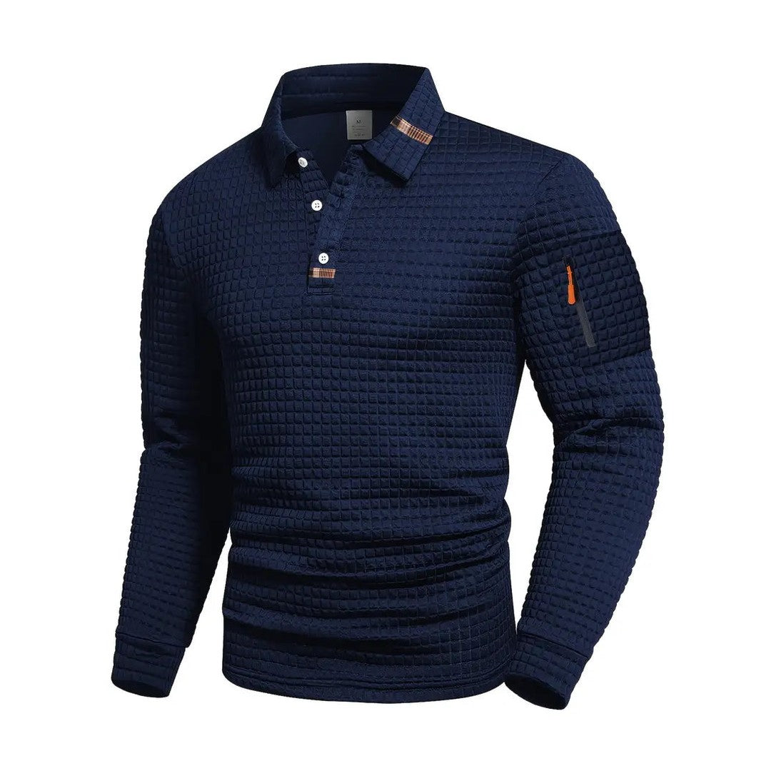 Man wearing the Ferdinand men's pocket detail polo shirt, flatlay view