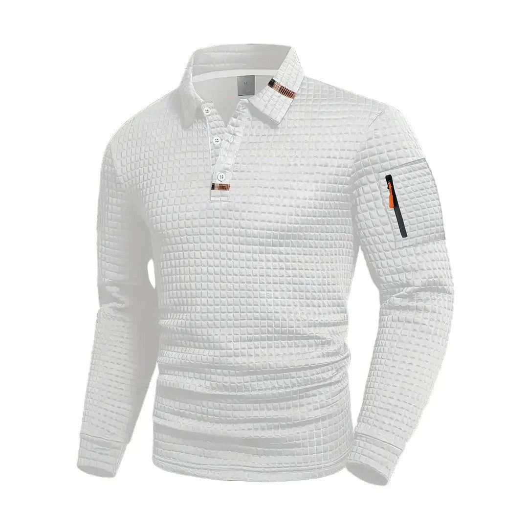 Man wearing the Ferdinand men's pocket detail polo shirt, side view