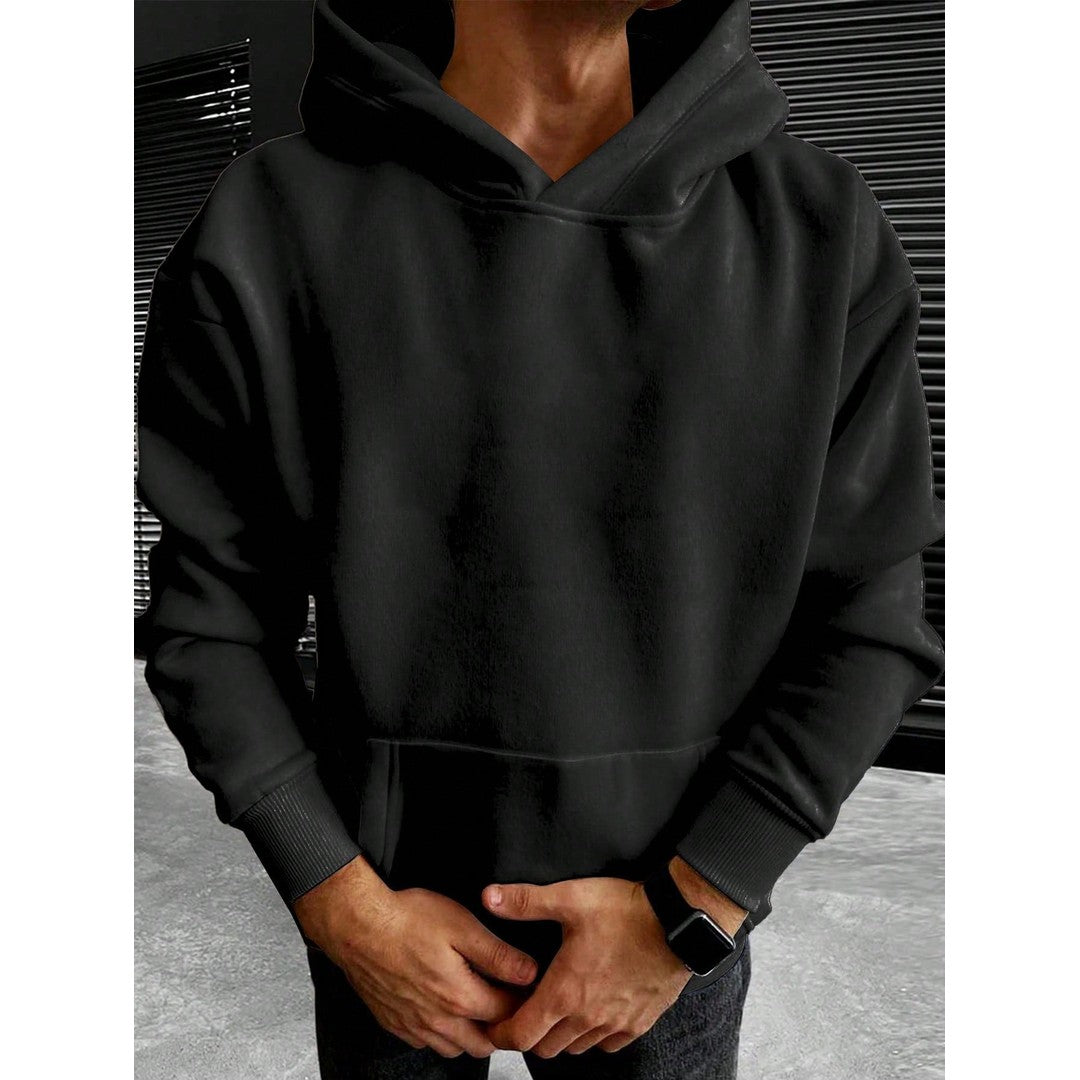 Man wearing the Florian men's solid-color cotton streetwear hoodie, flatlay view