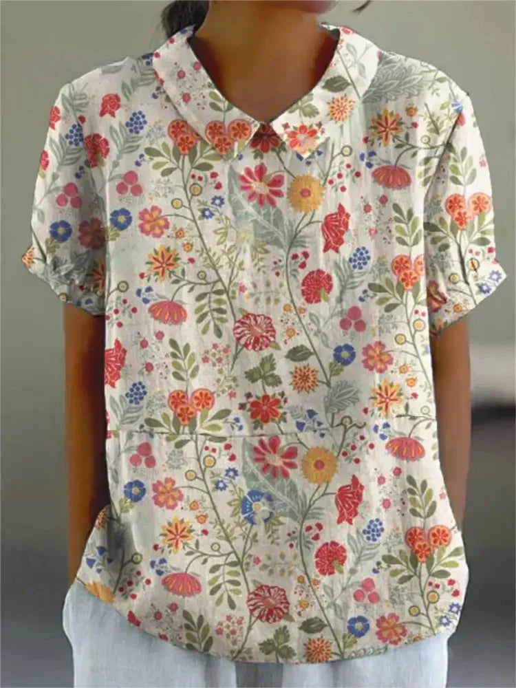 Clara | Women's Vintage Floral Linen Relaxed Blouse